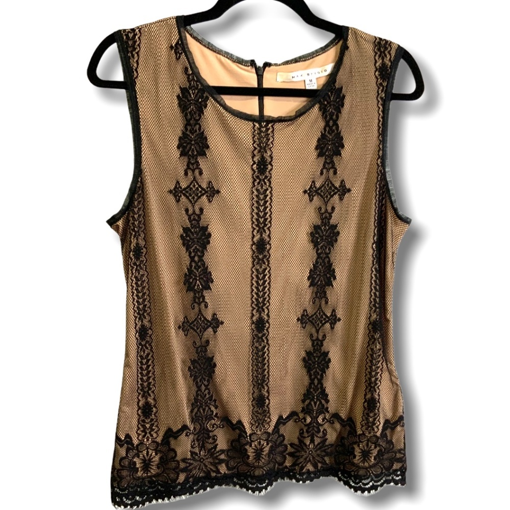 MAX STUDIO Sheer Black Lace Over Cream Sleeveless Tank Top Size M